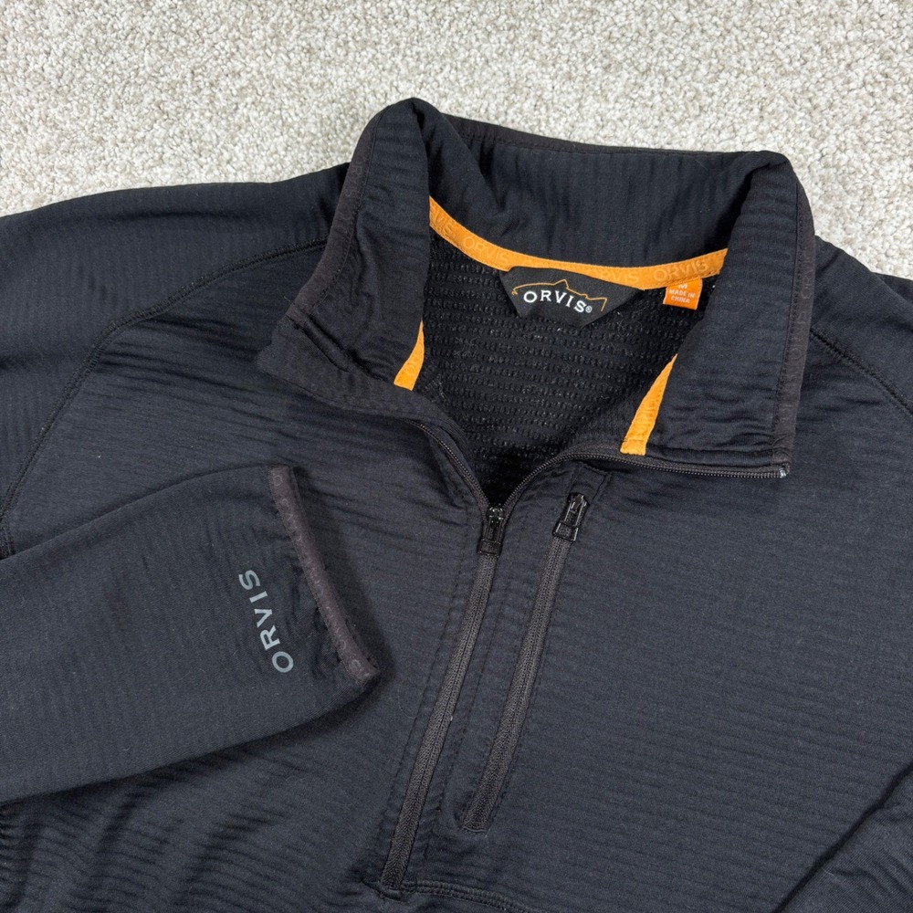 Orvis Pullover Mens Medium Black Quarter Zip Grid Fleece Pocket RN 70534